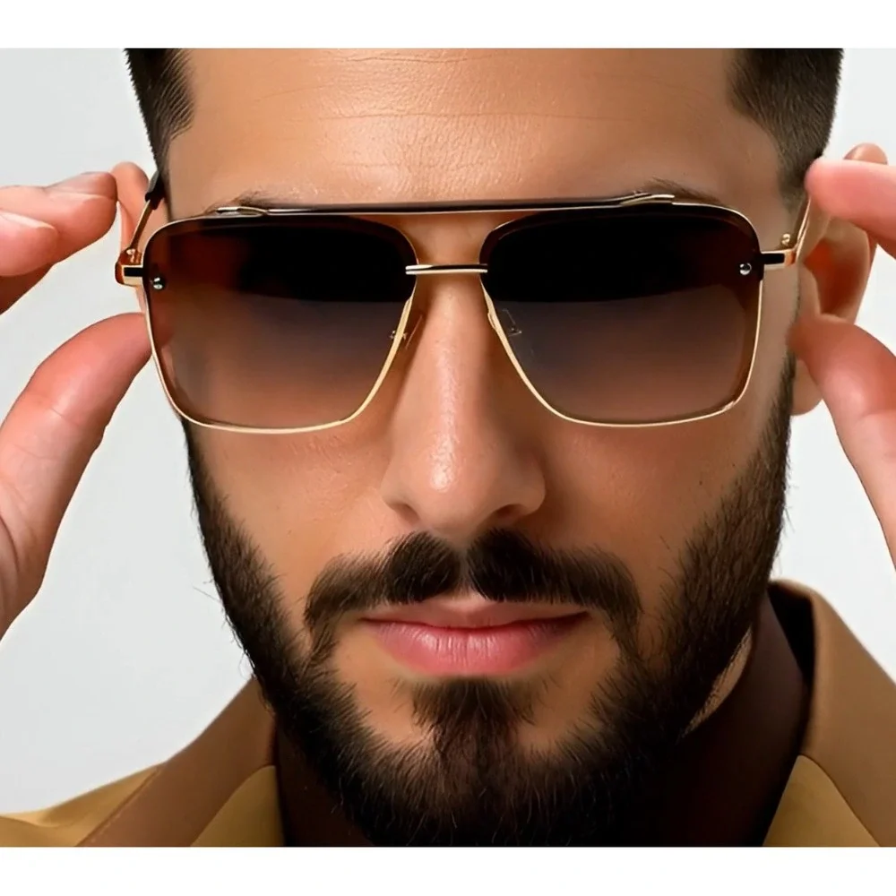 Sunglasses Gold Frame Brown Lens Rectangular  Fashion Sun Glasses Men Lentes New